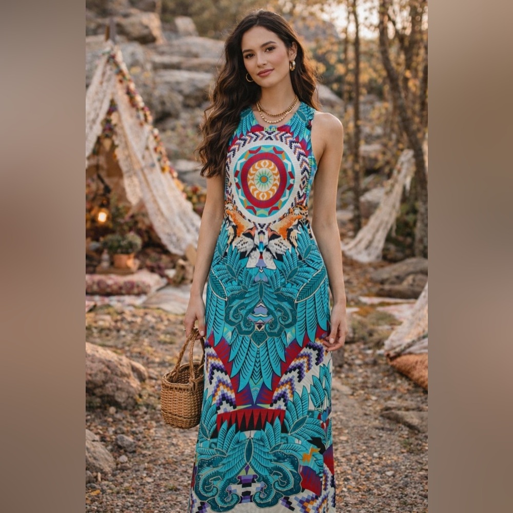 Mara Hoffman Jungle Trip Bodycon Dress Aztec Print Leopard Animal Teal Festival